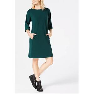 Eileen Fisher Bateau Boat Neck Ponte Knit Dress Womens XXS Green Pockets New